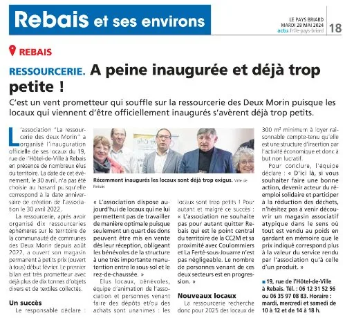 Article du Pays briard, Rebais et ses environs : « Ressourcerie. À peine inaugurée et déjà trop petite ! »