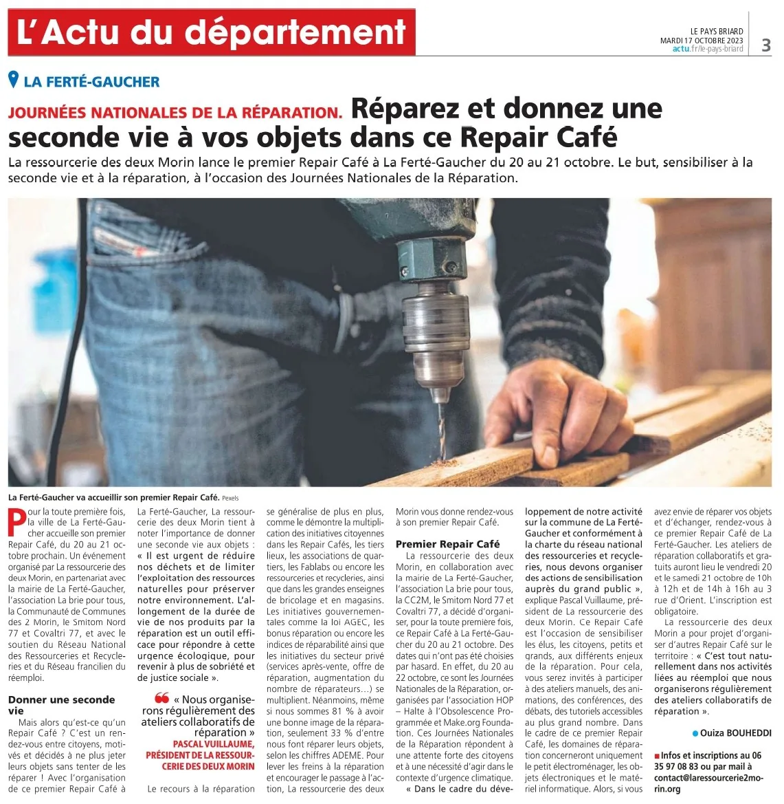 Article du Pays briard, l’actu du département : « Journées nationales de la réparation. Réparez et donnez une seconde vie à vos objets dans ce Repair Café »