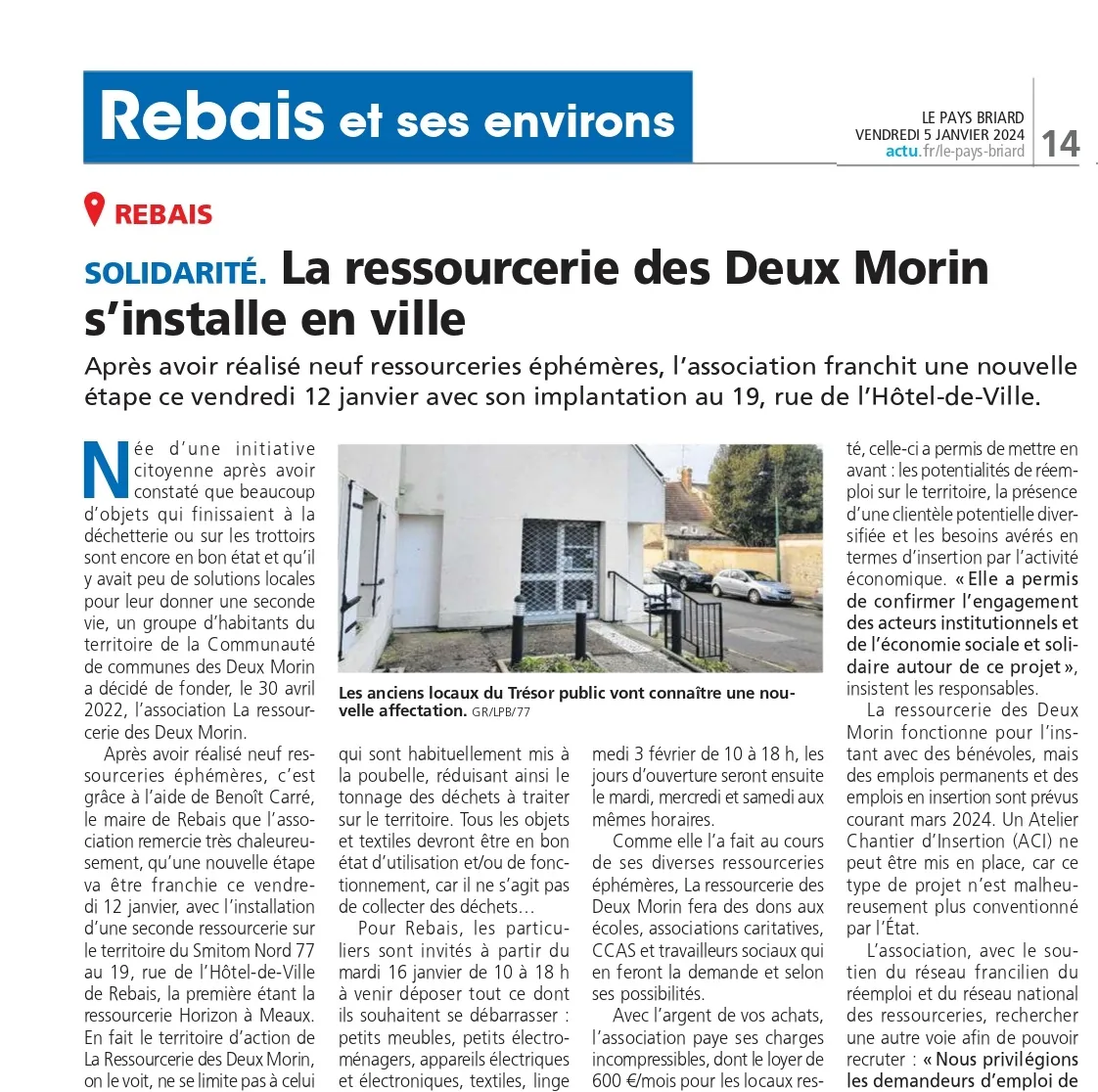 Article du Pays briard, Rebais et ses environs : « La ressourcerie des Deux Morin s’installe en ville »