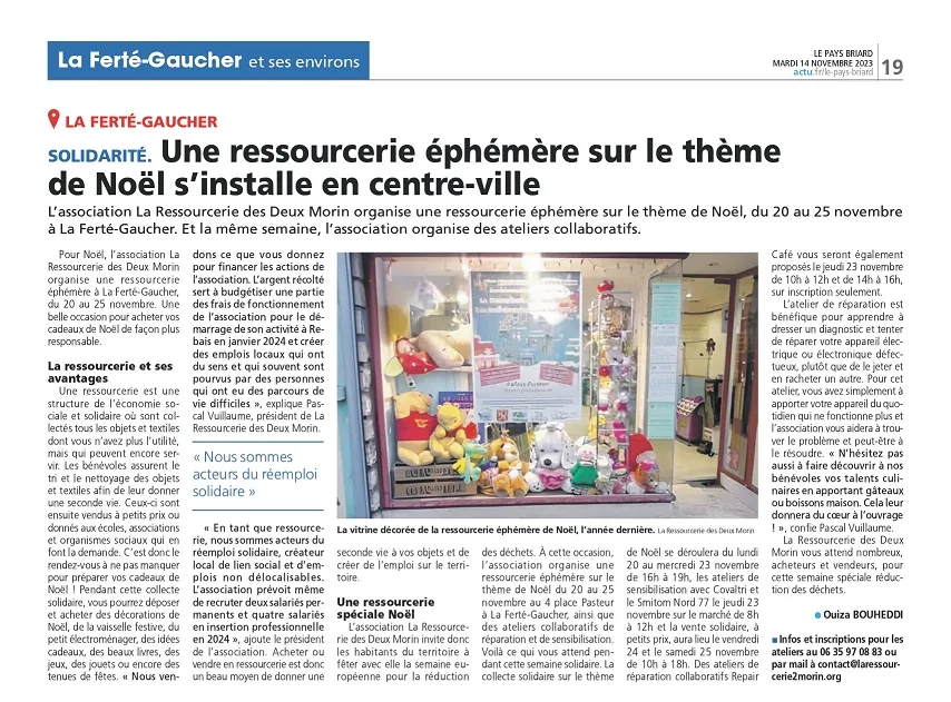 Article du Pays briard, La Ferté-Gaucher et ses environs : « Une ressourcerie éphémère sur le thème de Noël s’installe en centre-ville »