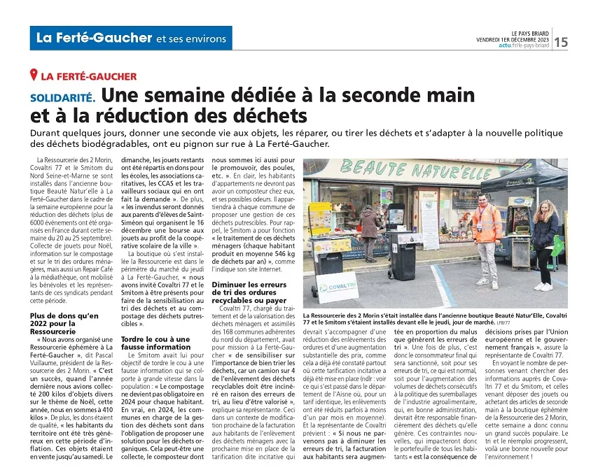 Article du Pays briard, La Ferté-Gaucher et ses environs : « Une semaine dédiée à la seconde main et à la réduction des déchets »