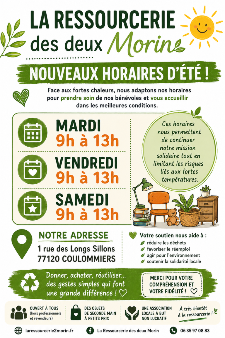 Nouveaux horaires d'ouverture de la ressourcerie des deux Morin